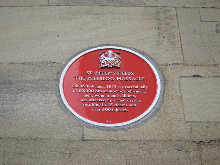 A plaque in Manchester commemorating the Peterloo massacre
