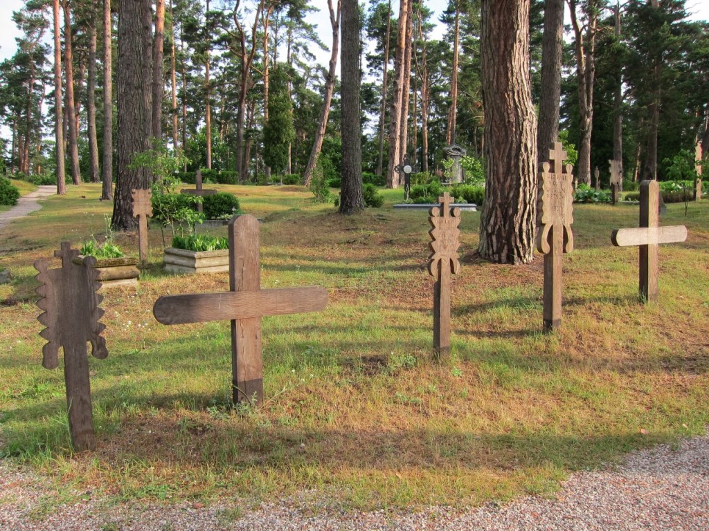 Grave markers placed at the feet of the deceased.