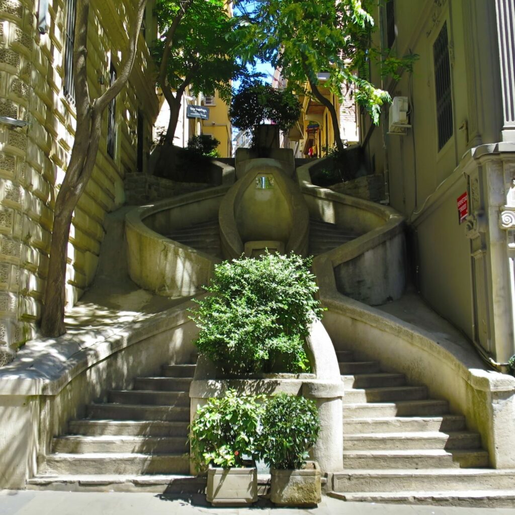 Spiral staircase between buildings