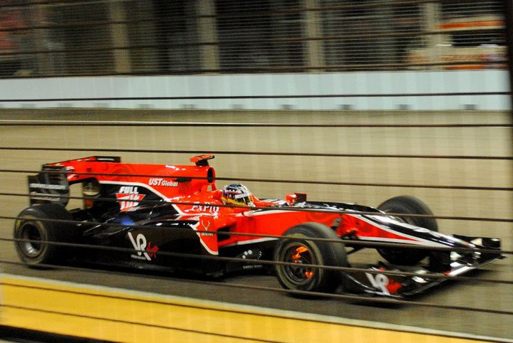 Timo Glock in the Virgin Racing car at the Singapore GP - those are red hot brakes!