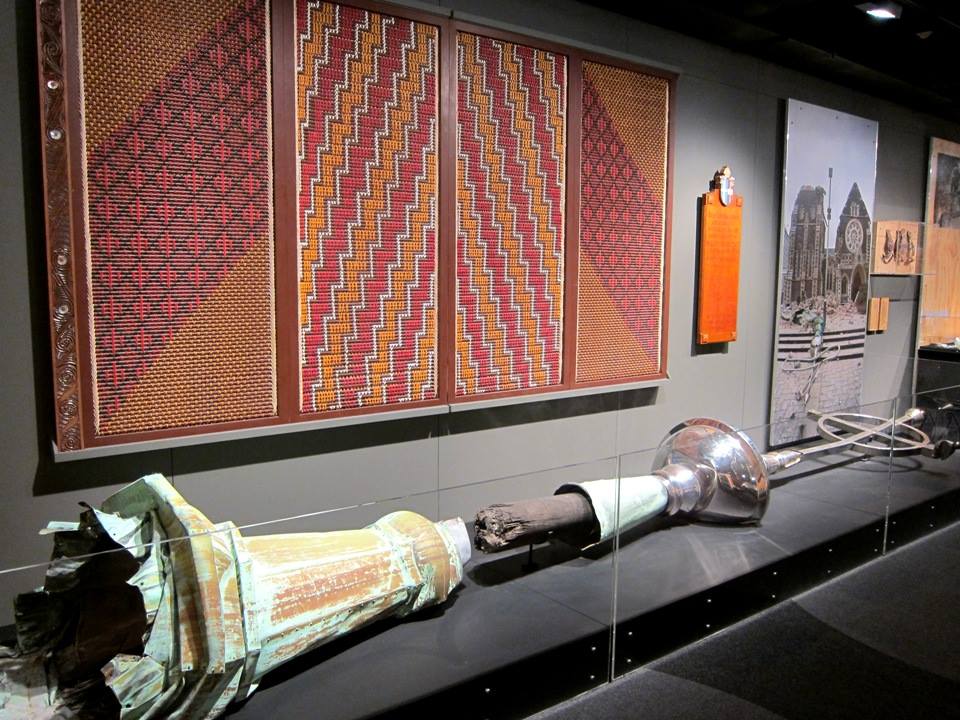 The Tukutuku panel and the spire, now exhibited in Quake City.
